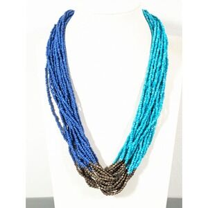 Beachy Boho Bronze Tone Blue Bead Multi Strand‎ Statement Necklace 20"